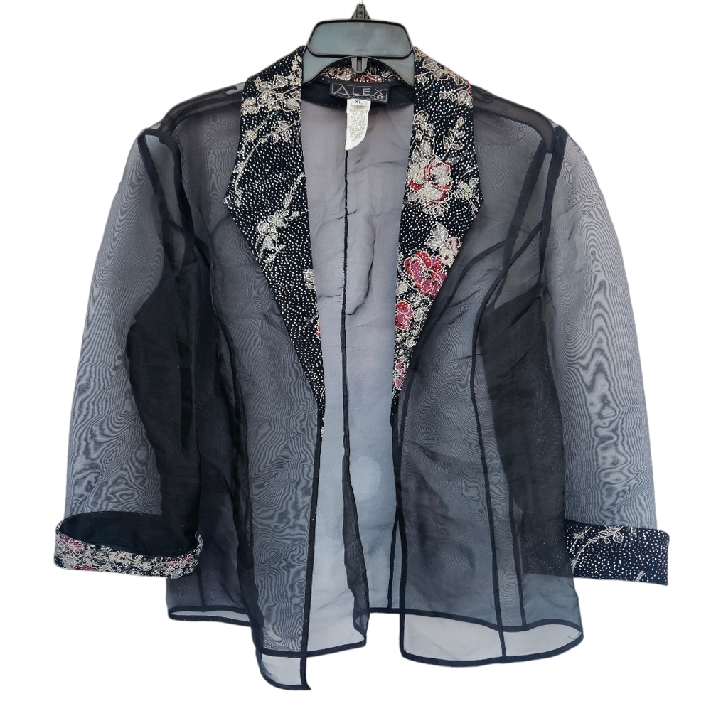 ALEX EVENINGS Womens Sheer Black Organza Jacket Glitter Floral Lapel Cuffs (Flaw